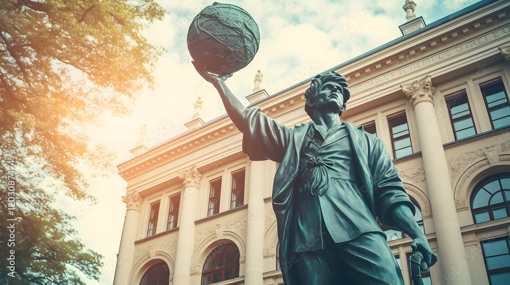 Aufkleber sculpture of a man holding a world globe in front of a prestigious university building symbolizing e