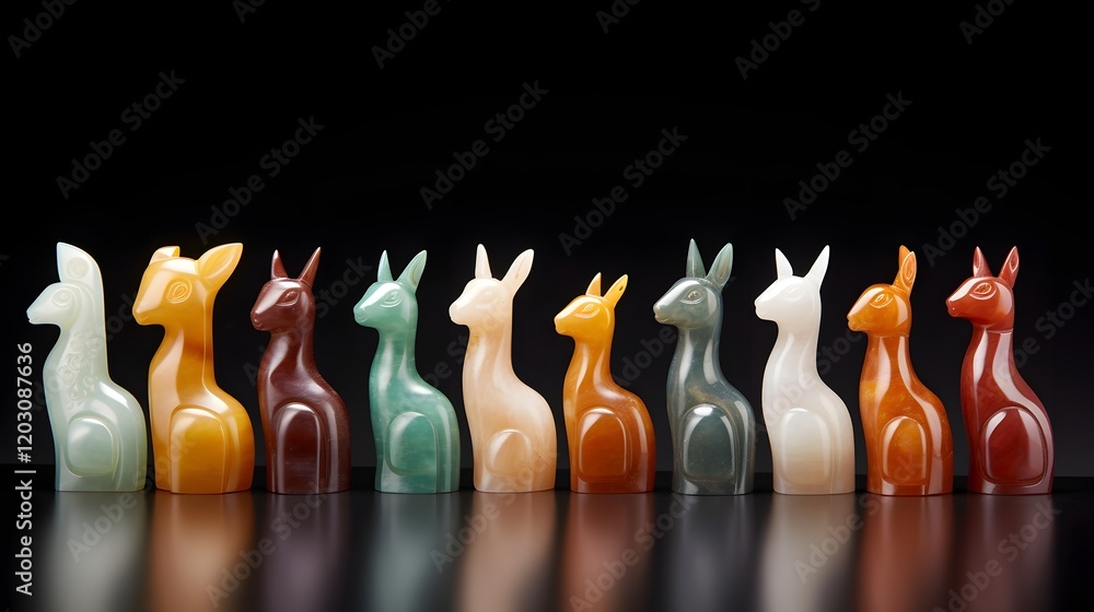 Poster a row of intricately crafted miniature animal statues made from vibrant polished jade stone in an ar