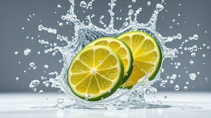 Lime Splash, Fresh Green Citrus Slices, Water Droplets, High-Resolution AI Photo