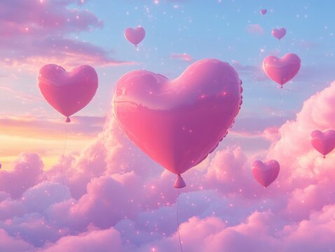 Pink Heart Balloons Floating in Dreamy Sky Romantic Cloudscape