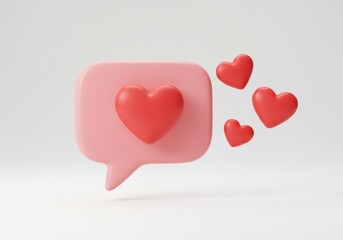 A 3D illustration of a pink speech bubble with three floating red heart icons symbolizing love and social media engagement