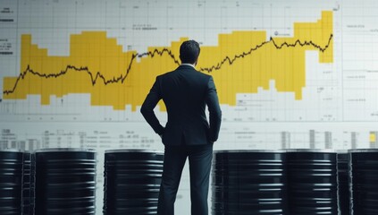 A business professional dressed in a black suit and tie stands with hands in pockets, facing a wall displaying a financial graph alongside industrial oil barrels, suggesting a corporate atmosphere