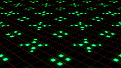 Futuristic abstract design with glowing lights and digital patterns in green and orange