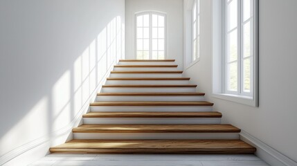 Obraz premium Wood stairs lead up to windows. Sunlit hallway. Home, real estate