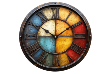 Wall clock featuring colorful segments with Roman numerals showcasing vintage design and rustic charm