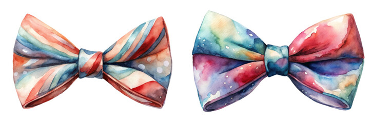 Colorful watercolor bow ties, vibrant patterns, artistic design, fashion accessories, stylish presentation, creative illustration.
