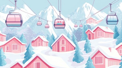 Colorful ski cabin lift for mountain skiers and snowboarders moves in the air on a cableway,ski resort with snowy hill,Skiing and snowboarding,Active vacation weekend,Winter holiday.