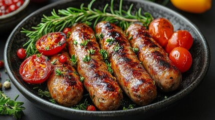 Grilled sausages, roasted cherry tomatoes, rosemary, thyme. Delicious food photography for recipe blogs, cookbooks