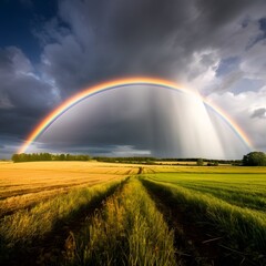 Fototapeta premium Breathtaking double rainbow illuminates the serene countryside landscape after a passing rainstorm creating a vibrant and picturesque natural scene