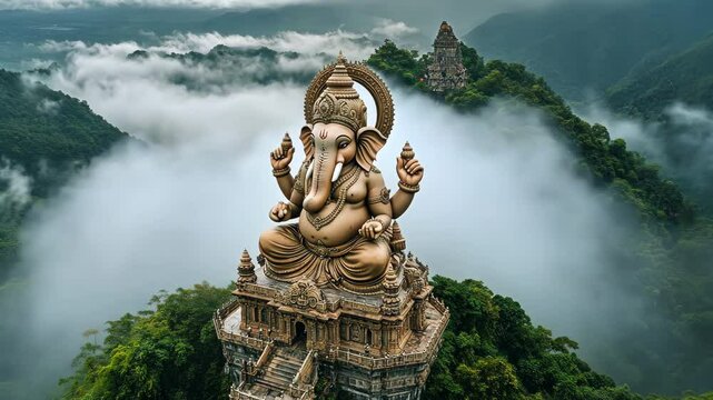 Ganesha, a symbol of serenity and spirituality, stands atop a mountain amid clouds and beautiful vegetation.