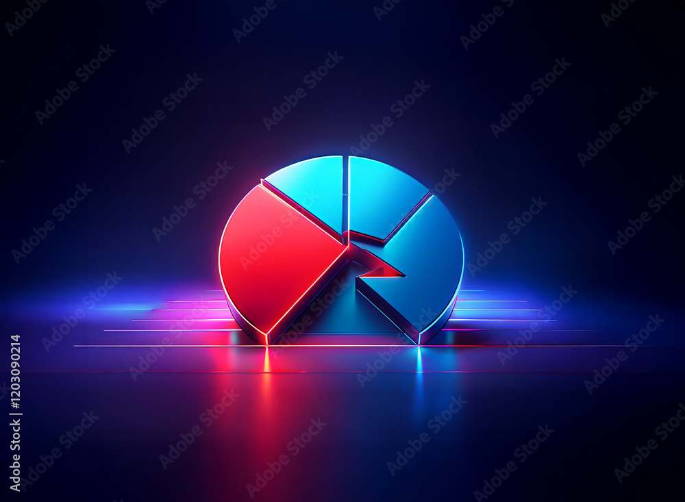 Poster a vibrant, three-dimensional pie chart glows with red and blue neon light on a dark reflective surfa