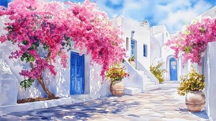 Watercolor of Traditional greek Santorini house with bougainvillea flowers,Greece islands blue white traditional cafe restaurant architecture,Santorini blue door window,Mediterranean scene.