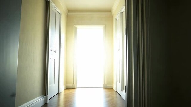 Door opening to light background animation. Show transition intro. Gate open. Doorway close up. Concept of paradise, live after life, immortal soul. New chapter, changing.