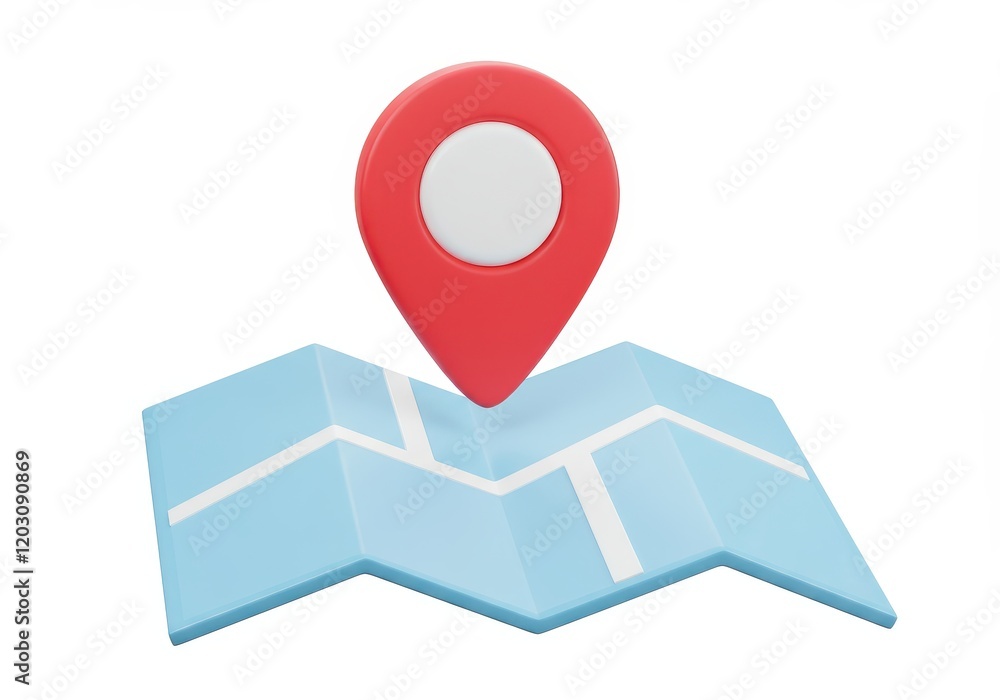 Poster a 3d illustration of a light blue folded map with a vibrant red location pin hovering above it