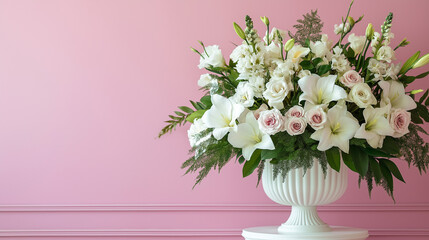 Naklejka premium Romantic Flower Arrangement on Pastel Pink Background with Elegant Floral Design