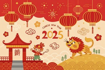 chinese new year greeting card sign with traditional pattern on red background. Chinese new year 2025 greeting card design