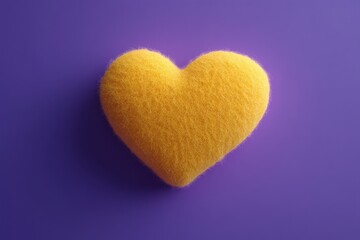 Fototapeta premium A yellow felt-textured fluffy heart icon on a solid purple background. The 3D rendering highlights the fine fluff and simplicity of the design, creating a cheerful vibe.