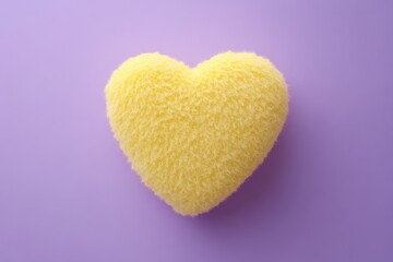 Fototapeta premium A yellow felt-textured fluffy heart icon on a solid purple background. The 3D rendering highlights the fine fluff and simplicity of the design, creating a cheerful vibe.