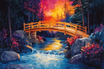 Wooden bridge spans vibrant sunset river.