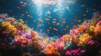 Fototapeta premium Underwater scene with sunbeams piercing through the water, with coral and marine life. The light reflects off surfaces, creating a magical atmosphere. 