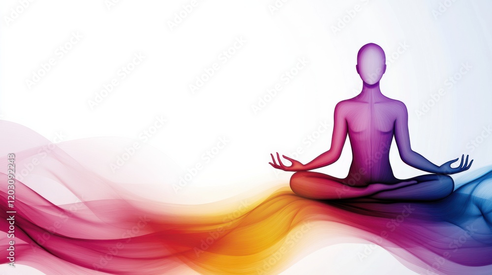 Poster abstract representation of a meditative figure surrounded by colorful flowing waves, symbolizing tra