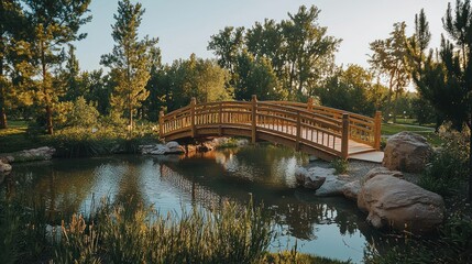 Fototapeta premium Wooden bridge over pond in serene park at sunset