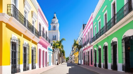 Obraz premium Colorful buildings line a sunny street