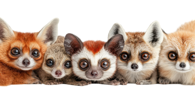 A group of adorable cartoon foxes with big, expressive eyes in various colors. transparent background