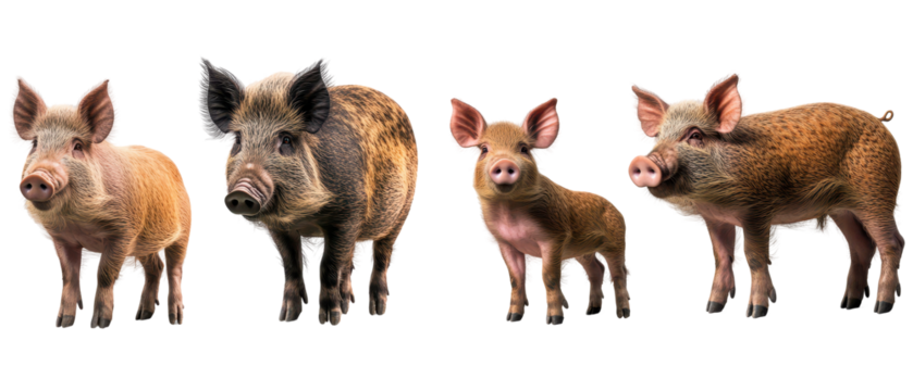 A group of adorable pigs showcasing different sizes and breeds in a natural setting. transparent background