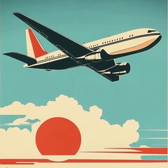 Vintage Airplane Soaring:  A stylized retro illustration depicting a classic passenger jet soaring above a vibrant sunset, evoking a sense of adventure, travel, and nostalgia. 