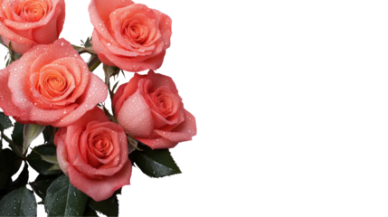 A stunning arrangement of fresh pink roses with droplets on petals, symbolizing love. transparent background