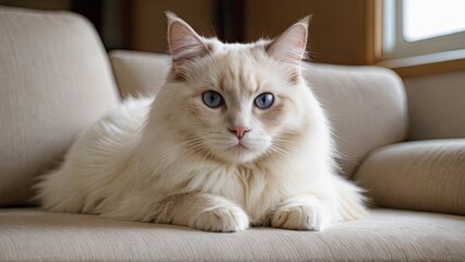 Cream point ragdoll cat lying on sofa at home