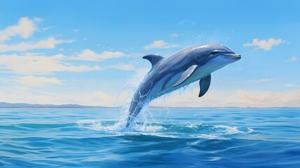 Fototapeta premium Playful dolphin jumping out of the turquoise ocean waters wearing a pair of whimsical goggles creating a fun and carefree summer scene This image captures the spirit of adventure freedom