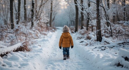 Little kid walking in a winter forest with snowy path