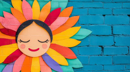 A cheerful mural depicting a smiling face surrounded by multicolored rays, resembling a sun, set against a vivid blue brick wall background, showcasing artistic creativity and joyful expression.