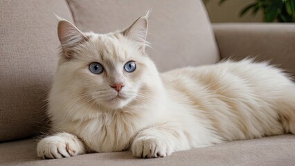 Cream point ragdoll cat lying on sofa at home
