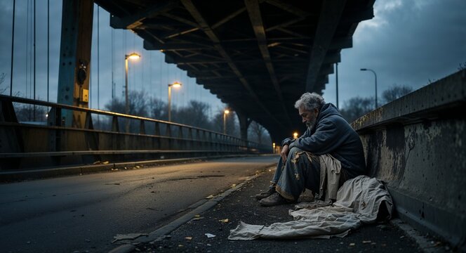 Lonely homeless person in ragged clothes under a dimly lit bridge