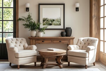 Beige armchairs, wooden console table, coffee table, room decor