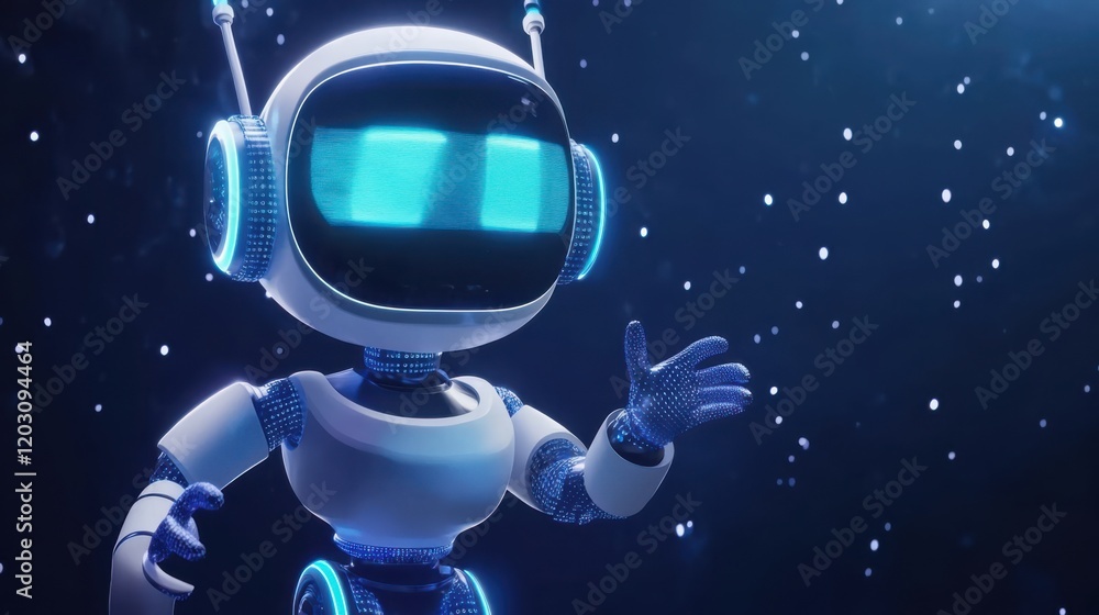 Poster futuristic robot character interacting in a starry space environment, showcasing technology and imag