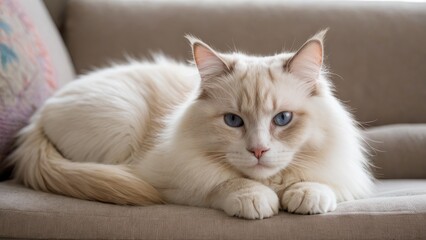 Cream point ragdoll cat lying on sofa in living room