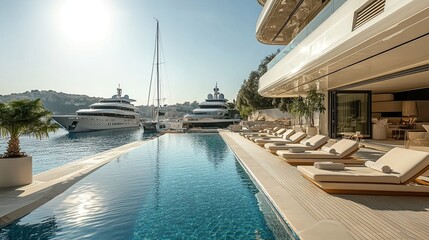 Obraz premium On a sunny summer day, a glistening swimming pool, bordered by sunbeds, sparkles in the morning sunlight, with luxury yachts visible in the background. 