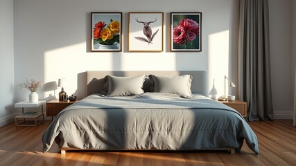Scandinavian Minimalist Bedroom with Gray Pillows - AI Photo