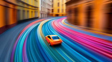 Fototapeta premium Dynamic urban scene featuring a car speeding on a street with colorful light trails, highlighting innovation, speed, and creativity in a lively city setting during evening.