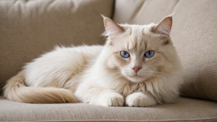 Cream point ragdoll cat lying on sofa in living room