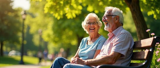 Senior Couple Joyful Park Stroll After Shopping,  Happy Seniors, Outdoor Fun,  Retirement Relaxation
