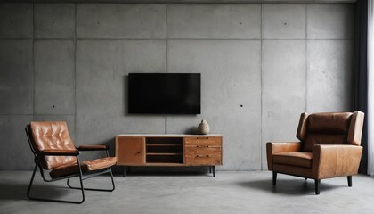 Modern minimalist living room with concrete walls and brown leather furniture.