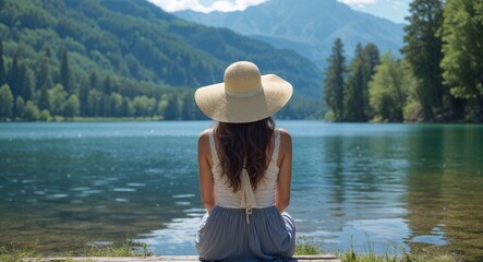 Woman in sun hat sitting by a tranquil lake with mountain backdrop