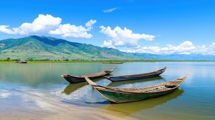 Obraz premium Tranquil lake with wooden boats