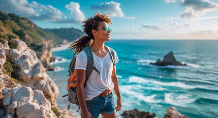 Young traveler exploring summer vacation destination with ocean view