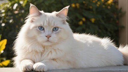 Cream point ragdoll cat lying outside in the garden